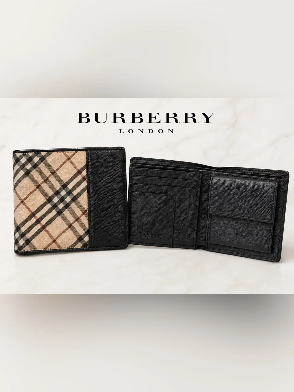 Burberry London Nova Check Black Leather Bifold Wallet Coin Pocket